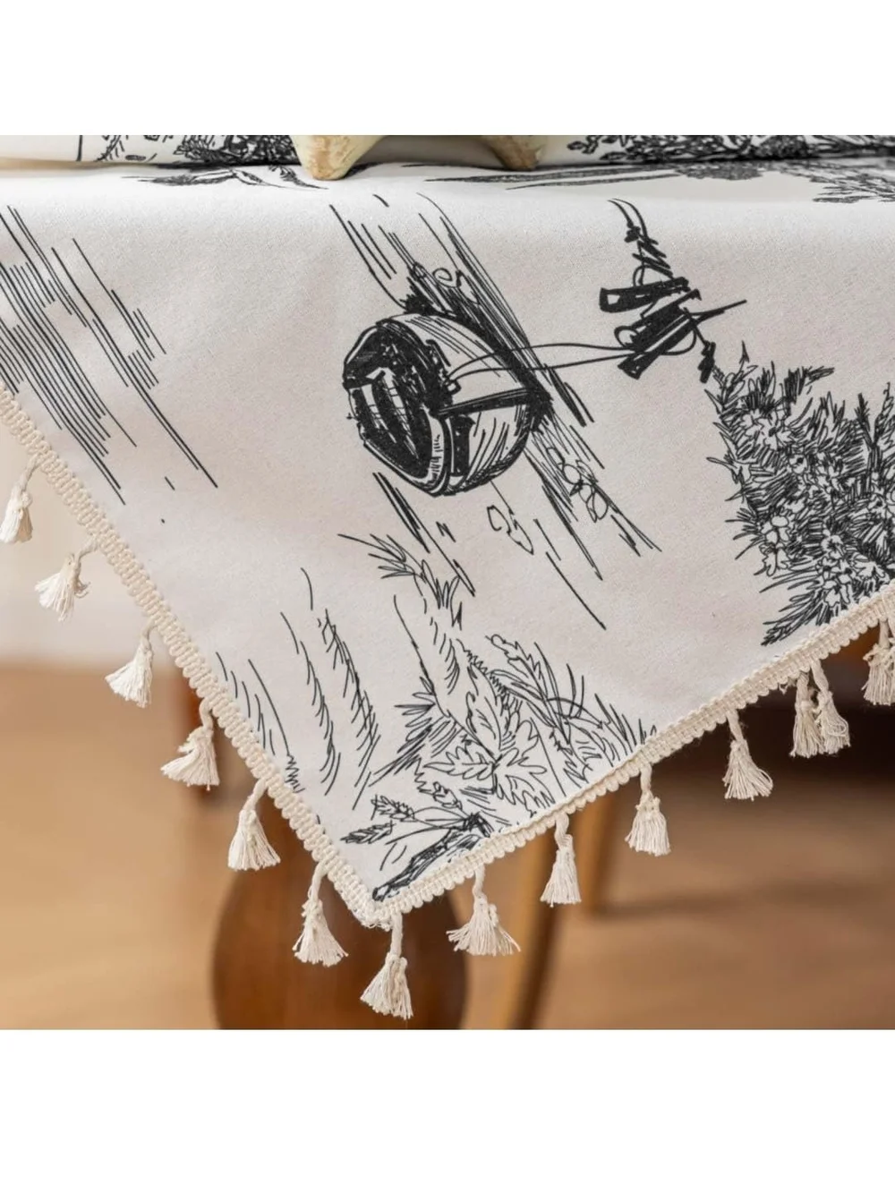 Classic Black & White Toile Tassel Tablecloth - Home Dining